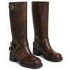 Knee High Boots Women Square Toe Pull On Wide Calf Riding Fashion Buckles Chunky Metallic Casual Vintage Buckle Rivet