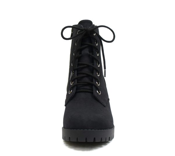 Single Lug Sole Chunky Heel Combat Ankle Boot Lace up w/Side Zipper