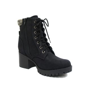 Single Lug Sole Chunky Heel Combat Ankle Boot Lace up w/Side Zipper
