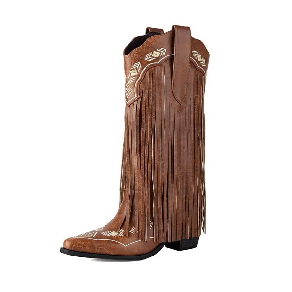 Embroidered Fringe Cowboy Boots for Women, Pull On Mid Calf Chunky Block Heel Pointed Toe Western Cowgirl Boots Riding Country