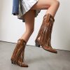 Embroidered Fringe Cowboy Boots for Women, Pull On Mid Calf Chunky Block Heel Pointed Toe Western Cowgirl Boots Riding Country