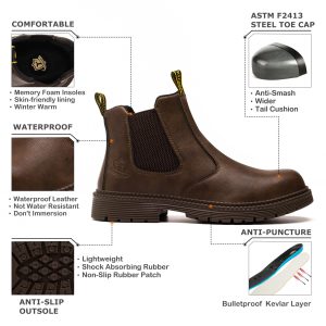 Waterproof Steel Toe Boots For Men-6 Inch Leather Slip On Safety Work Boots Mens Steel Toe Shoes Indestructible Non Slip