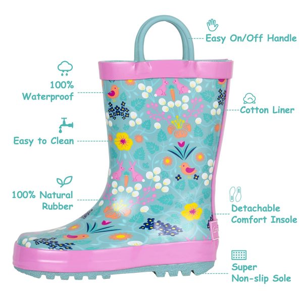Toddler Rain Boots, Kids Rain Boots Waterproof Rubber Boots for Girls and Boys with Fun Patterns and Easy-On Handles