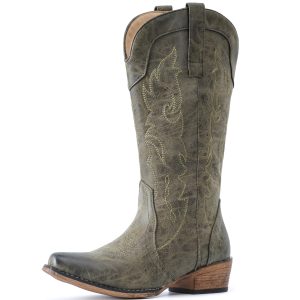 Cowboy Boots for Women Mid Calf Fashion Cowgirl Boots with Embroidery Western Snip Toe
