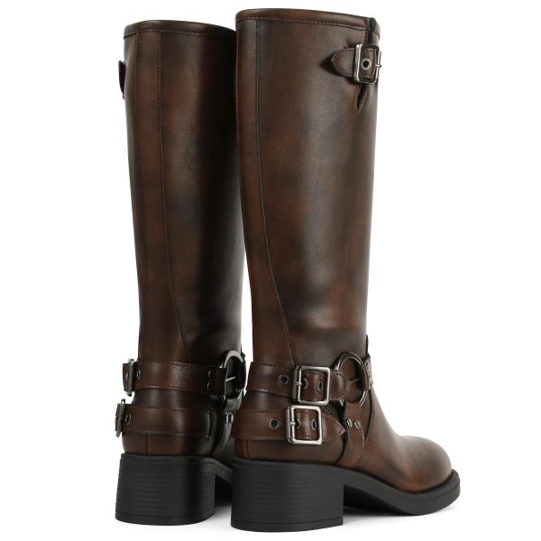 Knee High Boots Women Square Toe Pull On Wide Calf Riding Fashion Buckles Chunky Metallic Casual Vintage Buckle Rivet