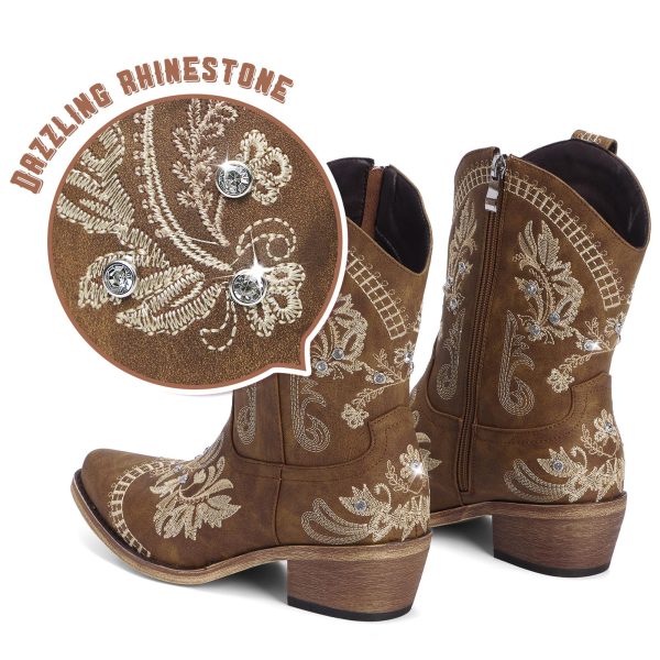 Cowboy Boots for Women - Western Embroidered Cowgirl Boots with Sparkly Rhinestone, Pointed Toe Chunky Heel Side Zipper Vintage