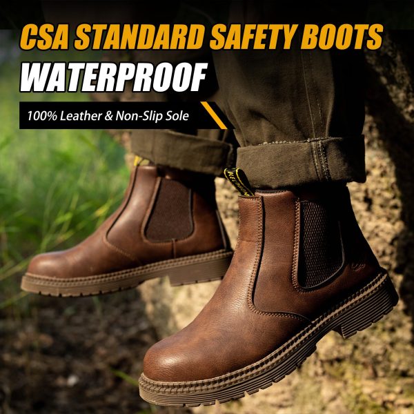 Waterproof Steel Toe Boots For Men-6 Inch Leather Slip On Safety Work Boots Mens Steel Toe Shoes Indestructible Non Slip