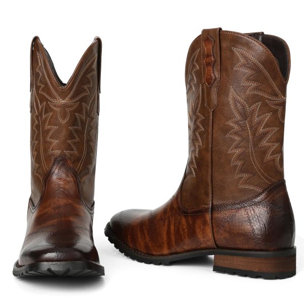 Mens Brown Cowboy Western Working Round Toe Pull On Cowgirl Boots