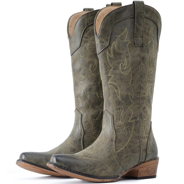 Cowboy Boots for Women Mid Calf Fashion Cowgirl Boots with Embroidery Western Snip Toe