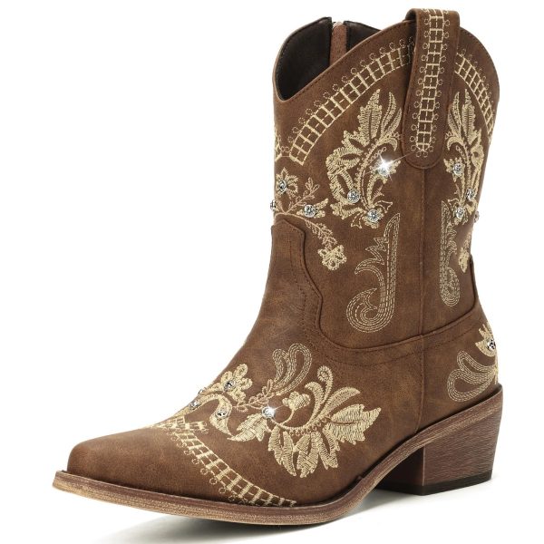 Cowboy Boots for Women - Western Embroidered Cowgirl Boots with Sparkly Rhinestone, Pointed Toe Chunky Heel Side Zipper Vintage