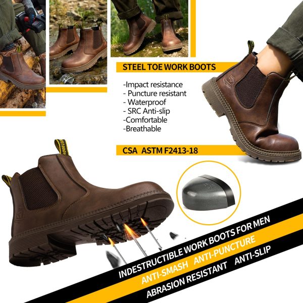 Waterproof Steel Toe Boots For Men-6 Inch Leather Slip On Safety Work Boots Mens Steel Toe Shoes Indestructible Non Slip