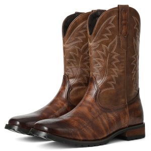 Mens Brown Cowboy Western Working Round Toe Pull On Cowgirl Boots