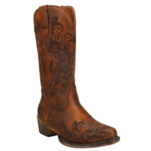 Womens Tall Stuff Embroidery Snip Toe Casual Boots Mid Calf Low Heel 1-2" - Brown