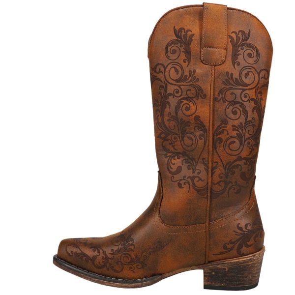 Womens Tall Stuff Embroidery Snip Toe Casual Boots Mid Calf Low Heel 1-2" - Brown
