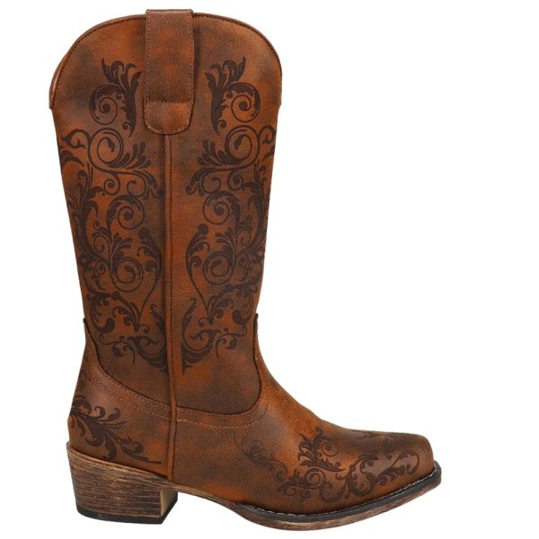 Womens Tall Stuff Embroidery Snip Toe Casual Boots Mid Calf Low Heel 1-2" - Brown