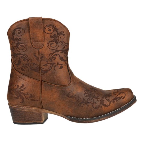 Womens Short Stuff Embossed Snip Toe Casual Boots Ankle Low Heel 1-2" - Brown