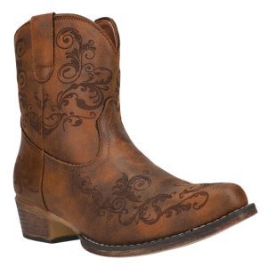 Womens Short Stuff Embossed Snip Toe Casual Boots Ankle Low Heel 1-2" - Brown