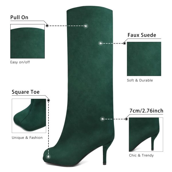 Women's Knee High Suede Boots for Women Wide Calf Square Toe Stiletto Heels Tall Boots Pull On High Heel Long Booties