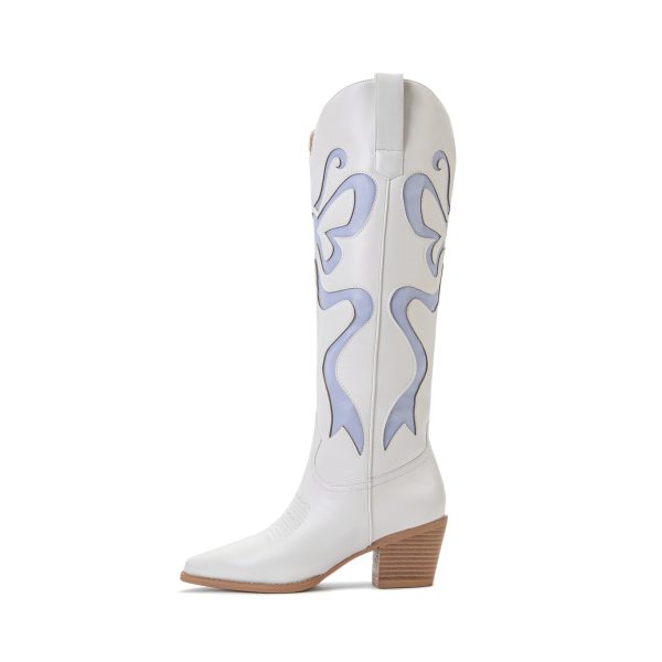 Cowgirl Boots - Womens Cowboy Boots with Colorful Bows Embroidered Western White Knee-High Boots Fashion Pull On Almond Toe