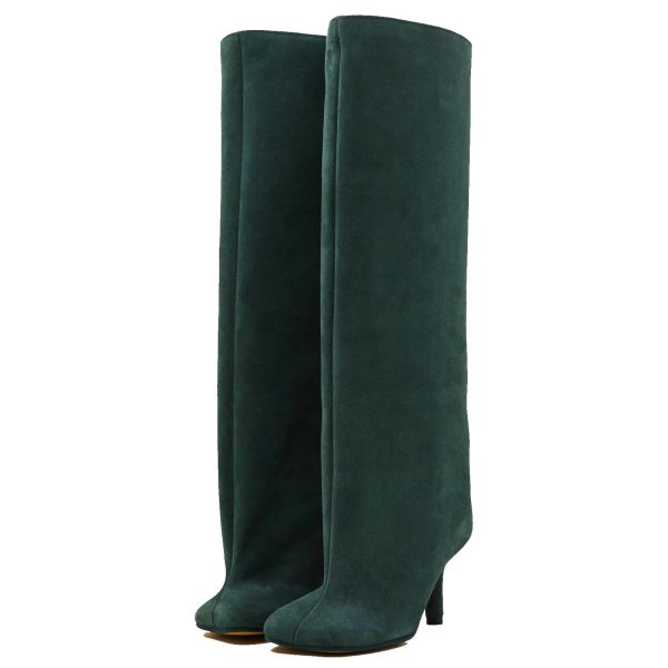 Women's Knee High Suede Boots for Women Wide Calf Square Toe Stiletto Heels Tall Boots Pull On High Heel Long Booties