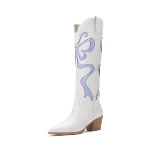Cowgirl Boots - Womens Cowboy Boots with Colorful Bows Embroidered Western White Knee-High Boots Fashion Pull On Almond Toe