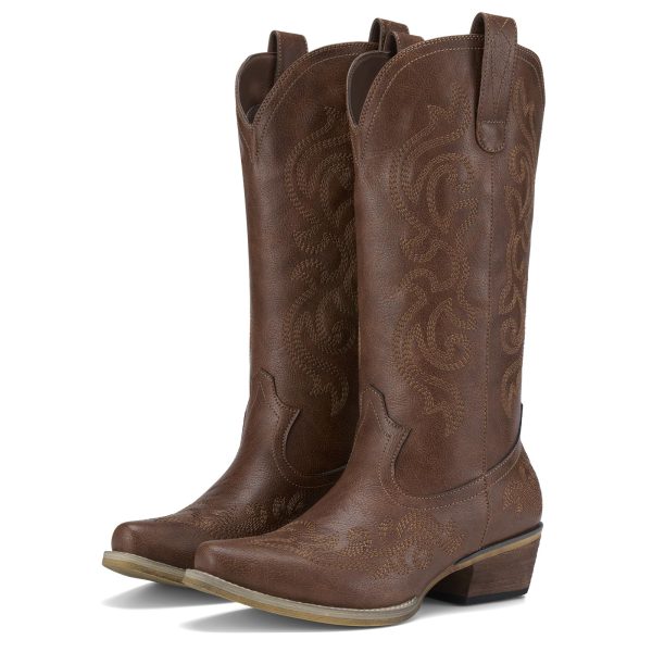 Rollda Cowboy Boots for Women Western Cowgirl Boots with Chunky Heel Ladies Snip Toe Mid-Calf Boots