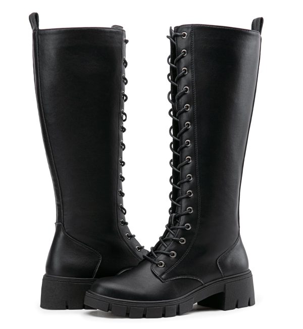 Women's 953 Lace Platform Combat Knee High Boots with Comfort Chunky Heel