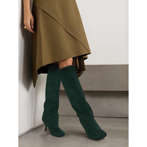 Women's Knee High Suede Boots for Women Wide Calf Square Toe Stiletto Heels Tall Boots Pull On High Heel Long Booties