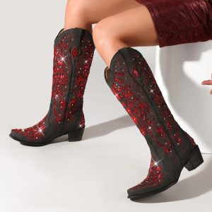 Western Cowboy Boots with Comfortable Calf Black Cowgirl Boot Women Sparkly Rhinestone Wedding Boots Trendy Vintage Tall Glitter