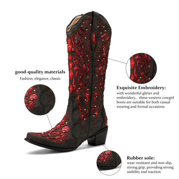Western Cowboy Boots with Comfortable Calf Black Cowgirl Boot Women Sparkly Rhinestone Wedding Boots Trendy Vintage Tall Glitter