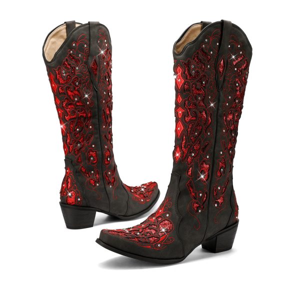 Western Cowboy Boots with Comfortable Calf Black Cowgirl Boot Women Sparkly Rhinestone Wedding Boots Trendy Vintage Tall Glitter