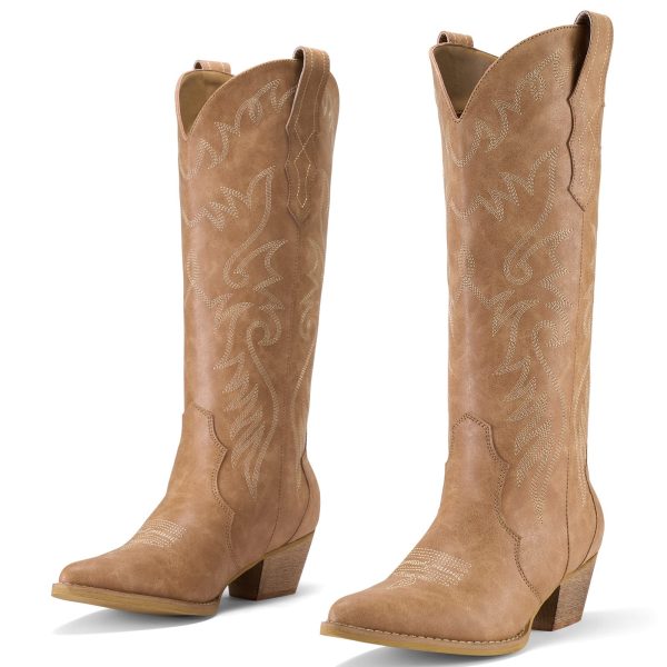 Cowboy Boots for Women Cowgirl Boots Embroidered Knee-High Western Boots Pointy Toe with Chunky Heel