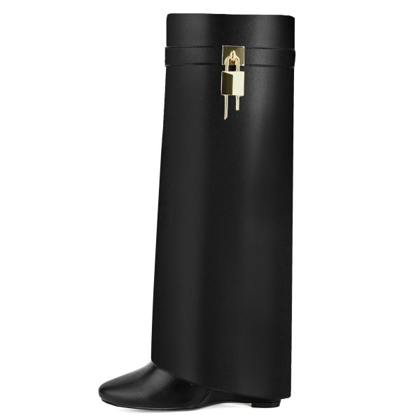 Fold Over Knee High Boots for Women Pointy Pull-on Wedge Heel Knee Shark Boot With Side Zipper Covered Wedge Heel Padlock Boot