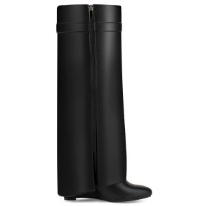 Fold Over Knee High Boots for Women Pointy Pull-on Wedge Heel Knee Shark Boot With Side Zipper Covered Wedge Heel Padlock Boot