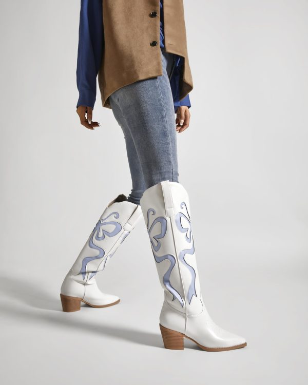 Cowgirl Boots - Womens Cowboy Boots with Colorful Bows Embroidered Western White Knee-High Boots Fashion Pull On Almond Toe