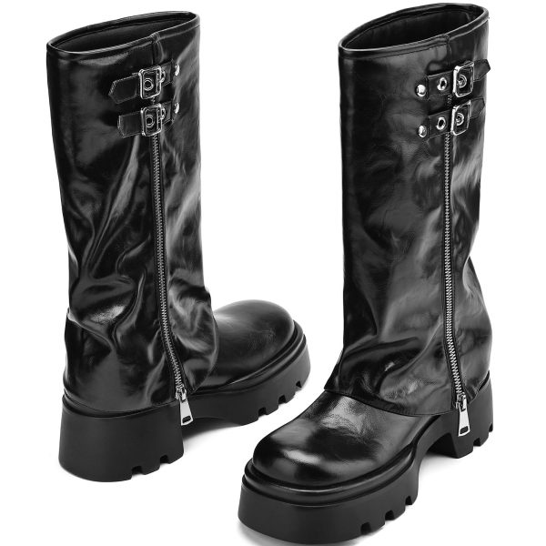 Women's Knee High Boots Comfortable Platform Round Toe Moto Boots Buckle Dress Fold Over Boots for Women