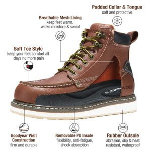 NINGO Work Boots for Men Steel/Soft Toe Boots, 6” Waterproof Slip Resistant Industrial & Construction Work Boots, Composite Toe