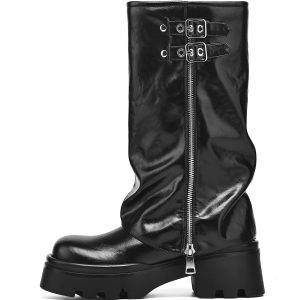 Women's Knee High Boots Comfortable Platform Round Toe Moto Boots Buckle Dress Fold Over Boots for Women