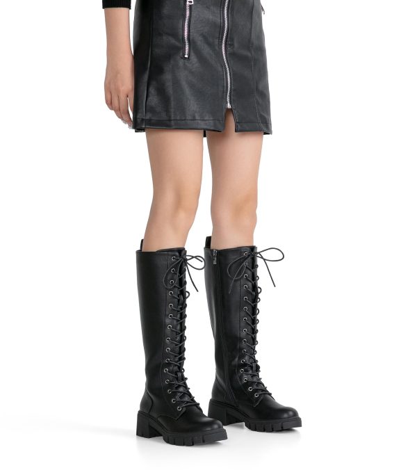 Women's 953 Lace Platform Combat Knee High Boots with Comfort Chunky Heel