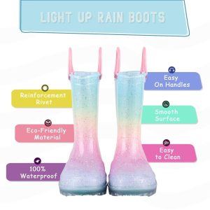 Girls Glitter Light Up Waterproof Rain Boots Toddler Kids Rainbow Boots with Easy On Handles