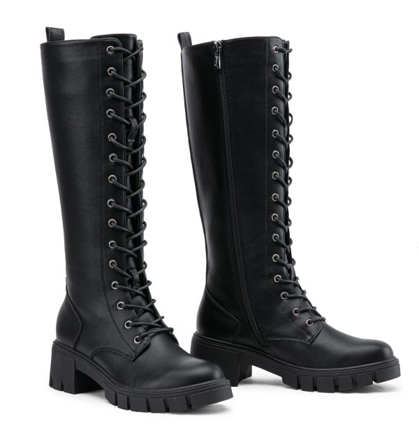 Women's 953 Lace Platform Combat Knee High Boots with Comfort Chunky Heel