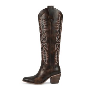 Womens Cowboy Boots Side Zipper Ladies Cowgirl Knee High Boots,Comfortable Retro Tall Vintage Embroidery Pointed Toe Block