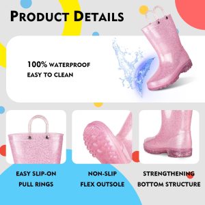 Toddler Rain Boots Kids With Glitter Light up Rain Boots With Easy-on Handles Waterproof For Boys and Girls