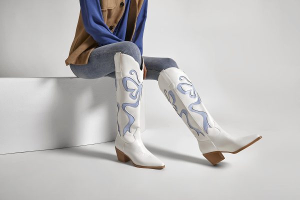 Cowgirl Boots - Womens Cowboy Boots with Colorful Bows Embroidered Western White Knee-High Boots Fashion Pull On Almond Toe