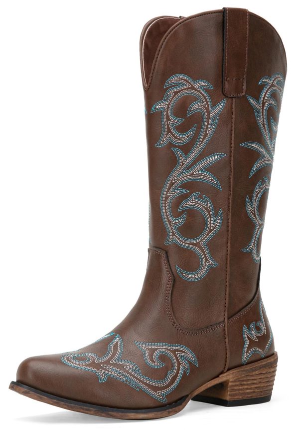 9808 Cowboy Boots for Women Wide Calf, Mid Calf Cowgirl Boots with Low Heel, Western Shoes with Side Zipper