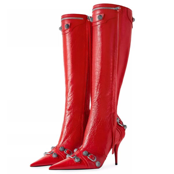 Knee High Boots for Women Fashion Slide Zipper Pointed Toe Stiletto Studded High Heel Rivets Tassel Boots Party Dress Shoes