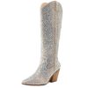Rhinestone Boots for Women, Knee High Cowboy Boots Pointed Toe Chunky Heel Sparkly Cowgirl Boots Bling Shoes