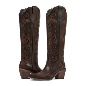 Cowboy Boots for Women Knee High Cowgirl Boots, Western Boots with Floral Embroidered Pointed Toe Chunky Heel Pull On Retro