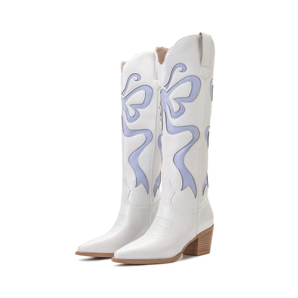 Cowgirl Boots - Womens Cowboy Boots with Colorful Bows Embroidered Western White Knee-High Boots Fashion Pull On Almond Toe