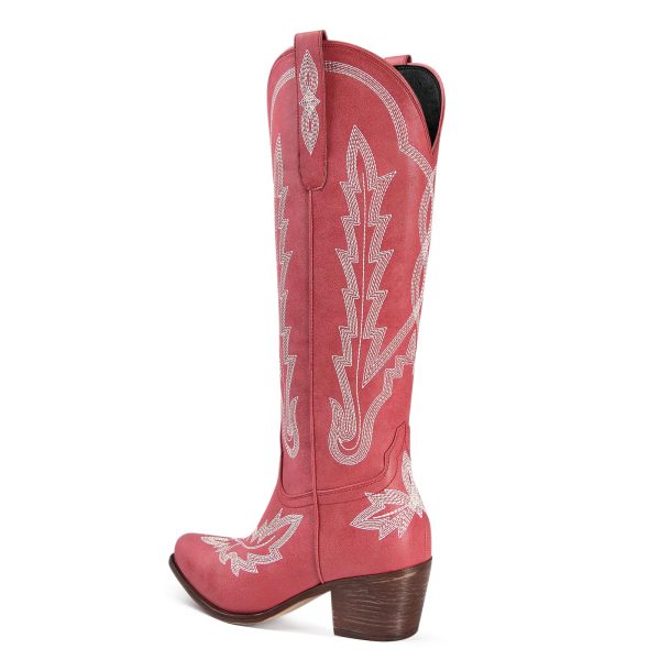 Cowboy Boots for Women Knee High Cowgirl Boots with Classic Embroidered Slip On Pointed Toe Chunky Heel Pull On Fashion Retro
